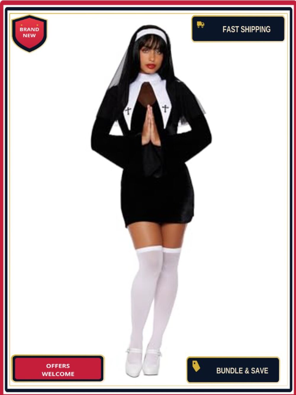 Flirty 70s Retro Nun Costume Velvet Bell Sleeve Dress Mesh Headpiece